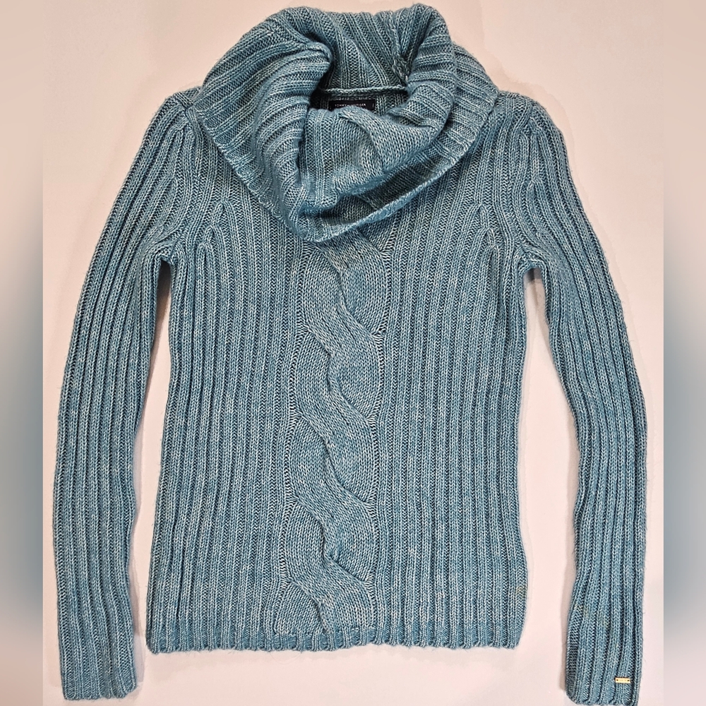 Tommy Hilfiger Cable Knit Sweater Womens Small Teal‎ Cowl Neck